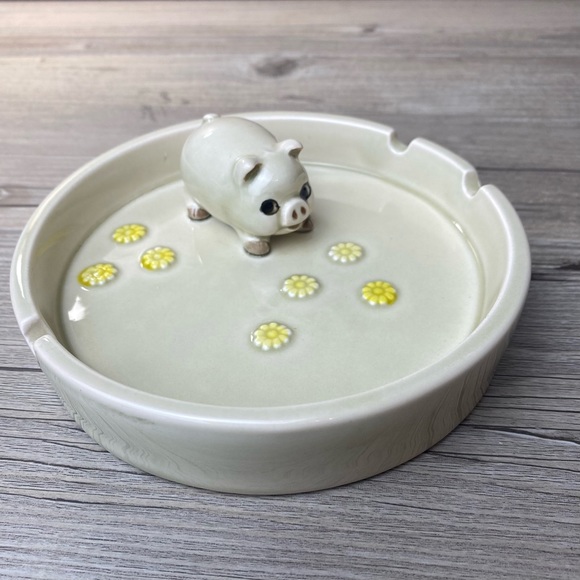 Vintage Otagiri PIG & DAISY Ashtray 1980 Hand-painted - Picture 3 of 8